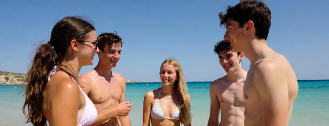 Sprachreisen Young Adults am Meer im Sommer Eine Gruppe von jungen Erwachsenen steht am Strand vor dem blauen Meer